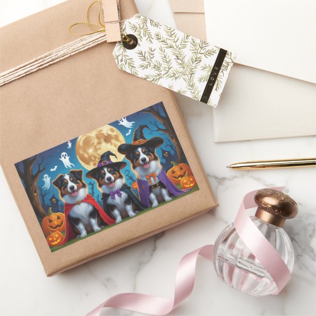 Adesivo Retangular Pastor australiano Pumpkin Halloween Engraçado (Presentear)