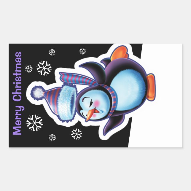 Adesivo Retangular Patinador Penguin de retângulo noturno de Natal. (Frente)