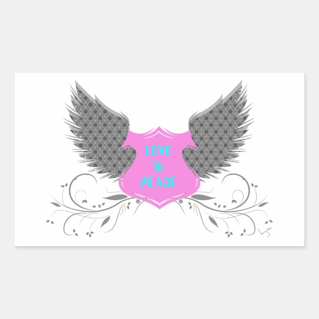 Adesivo Retangular Peace Love Angel Wings Design (Frente)