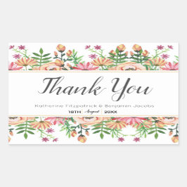 Adesivo Retangular Peach Floral Wedding Obrigado