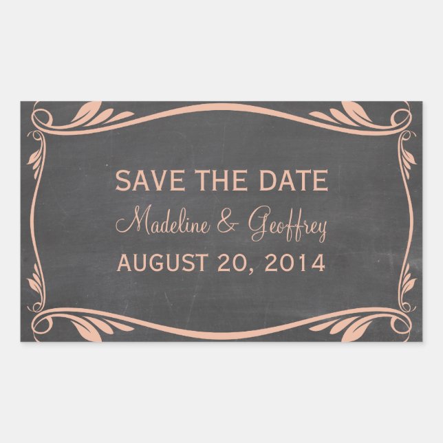 Adesivo Retangular Peach Flourish Chalkboard Save the Date Stickers (Frente)