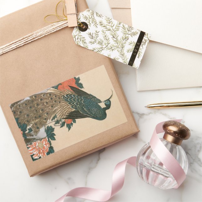 Adesivo Retangular Peacock and Peonies by Hiroshige, Arte Japonesa (Presentear)