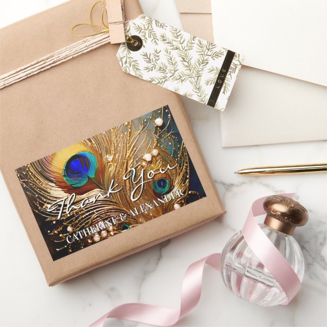 Adesivo Retangular Peacock thank you wedding feathers plumage (Presentear)