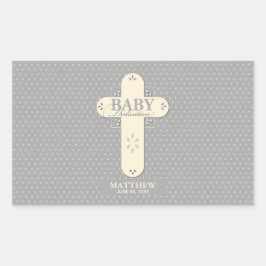 Adesivo Retangular Personalize, Dedicação de Bebê Creme e Cruz Cinza