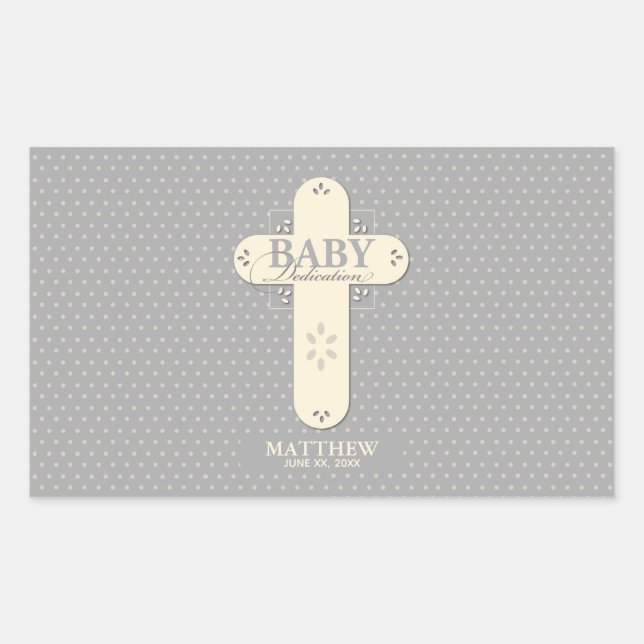 Adesivo Retangular Personalize, Dedicação de Bebê Creme e Cruz Cinza (Frente)
