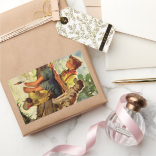 Adesivo Retangular Pesca Antiga, Menino com seu Cachorrinho e Minhoca