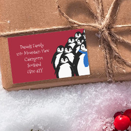 Adesivo Retangular Pinguim de Natal Endereço de Remetente Vermelho