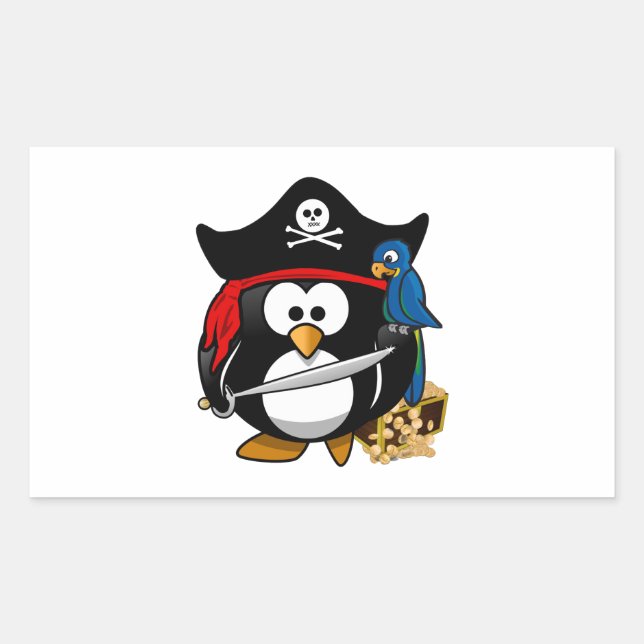 Adesivo Retangular Pinguim Pirata Bonito com Treasure Chest (Frente)