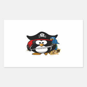Adesivo Retangular Pinguim Pirata Bonito com Treasure Chest