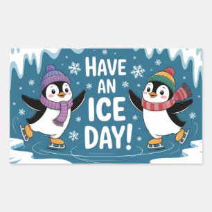 Adesivo Retangular Pinguins Fofos Patinando no Gelo Cartoon, Tenha um