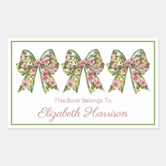 Adesivo Retangular Pink and Green Floral Personalized Bookplate (Frente)