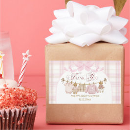 Adesivo Retangular Pink Preppy Teddy Bear Girl Baby Shower Plaid Bow