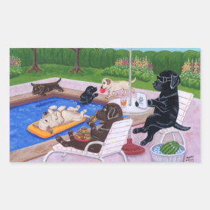 Adesivo Retangular Pintura de Labradors 2 da festa na piscina