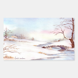 Adesivo Retangular Pintura de Paisagem de Aquarela da Ponte Snowy