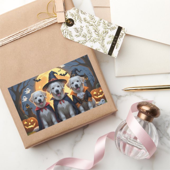 Adesivo Retangular Pirenéus excelentes Cães Abóbora Halloween Engraça (Presentear)