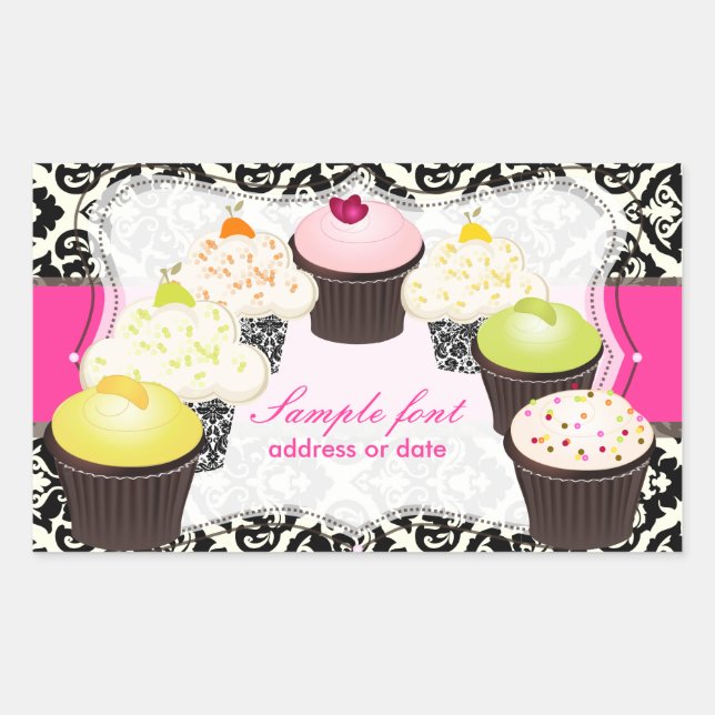 Adesivo Retangular PixDezines cor suja, cupcake+polivia damask (Frente)