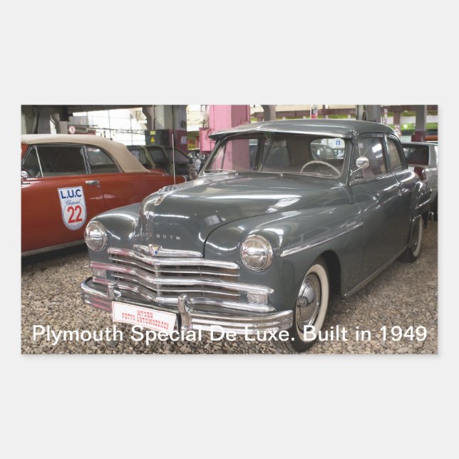 Adesivo Retangular Plymouth Special De Luxe. Construído em 1949 (Frente)