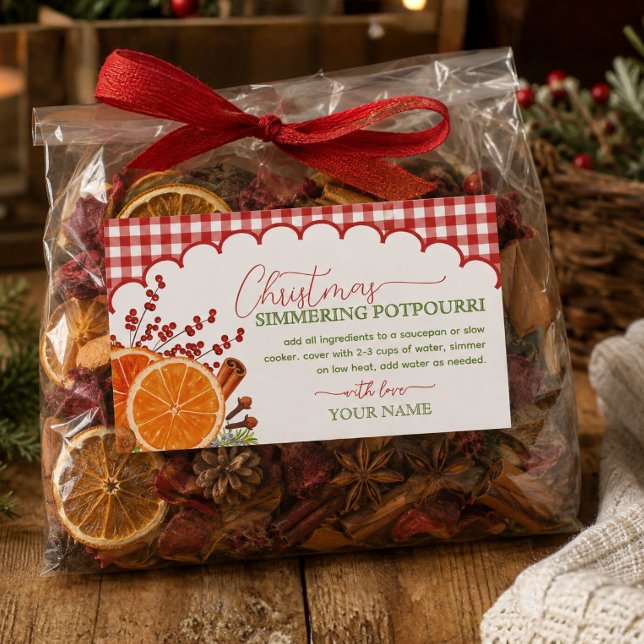 Adesivo Retangular Pote de Potpourri de Natal em Fogão Gingham (Criador carregado)