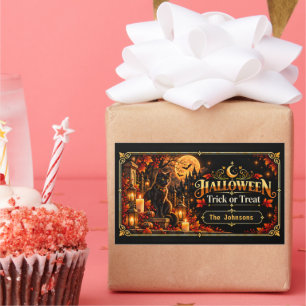 Adesivo Retangular Presente de Halloween Elegante Preto e Dourado par