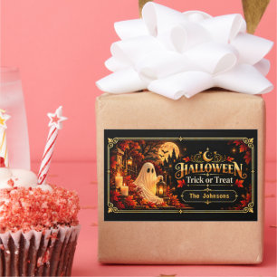 Adesivo Retangular Presente Elegante de Halloween em Ouro Preto para