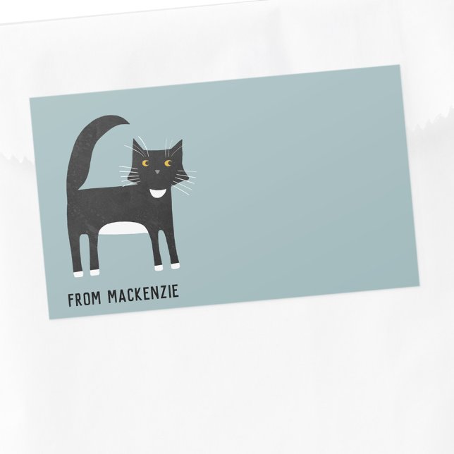 Adesivo Retangular Preto e Branco Personalizado (Fun personalized name black and white cat stickers)