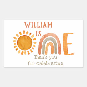 Adesivo Retangular Primeiro Aniversário Aquarela Boho Arco-íris e Sol