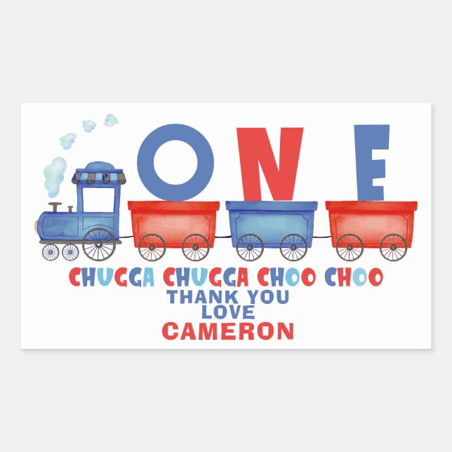 Adesivo Retangular Primeiro aniversario de trem Red Blue Chugga Chugg (Frente)