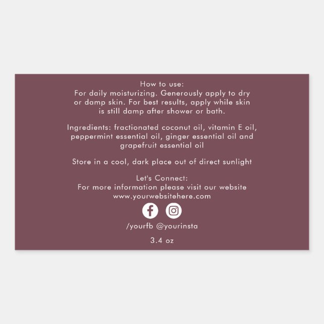 Adesivo Retangular Produtos de beleza orgânica Ingredientes Borgonha (Frente)