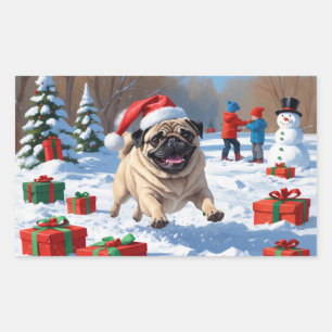 Adesivo Retangular Pug Correndo na Neve com Chapéu de Natal