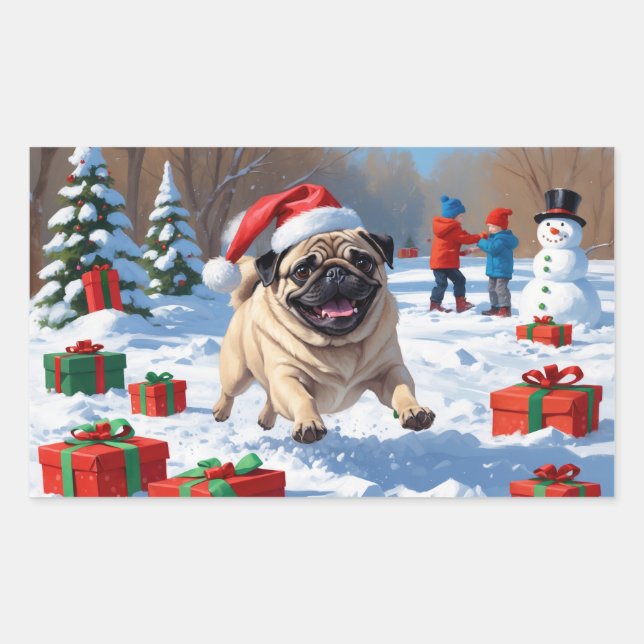 Adesivo Retangular Pug correndo na neve com chapéu de Natal (Frente)