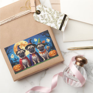 Adesivo Retangular Pug Dog Pumpkin Halloween Engraçado