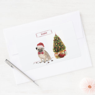 Adesivo Retangular Pug Engraçado Cachorro de Natal Engraçado com Árvo