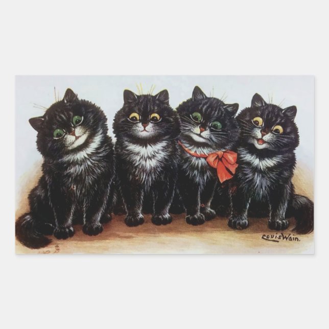 Adesivo Retangular Quatro gatos pretos Ilustração de Louis Wain (Frente)
