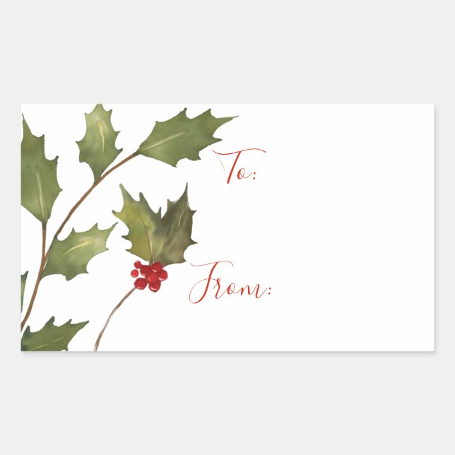 Adesivo Retangular Ramificação Holly da Aquarela Natal Para Da Etique (Frente)