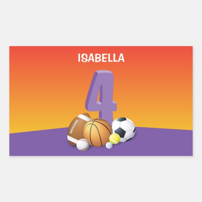 Adesivo Retangular Rapariga 4 de aniversário de esportes (Frente)