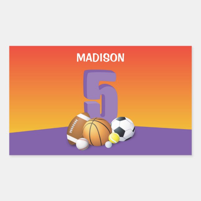 Adesivo Retangular Rapariga 5 Birthday Sports Balls (Frente)
