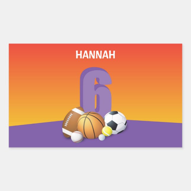Adesivo Retangular Rapariga 6 Birthday Sports Balls (Frente)