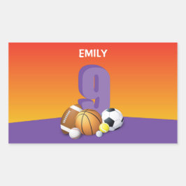 Adesivo Retangular Rapariga 9 de aniversário de esportes