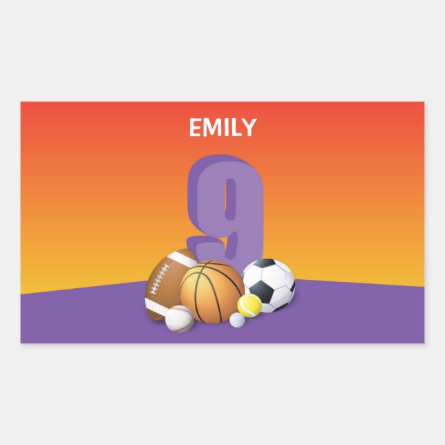 Adesivo Retangular Rapariga 9 de aniversário de esportes (Frente)