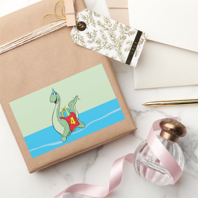 Adesivo Retangular Rapaz, Dinossauro do 4º Aniversário (Presentear)