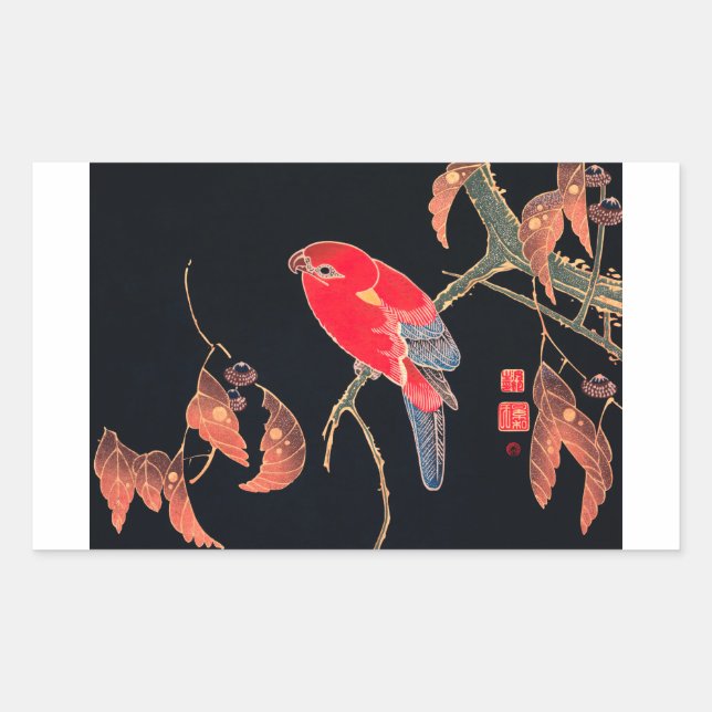 Adesivo Retangular Red Parrot Vintage Bird Japonês Impressão (Frente)