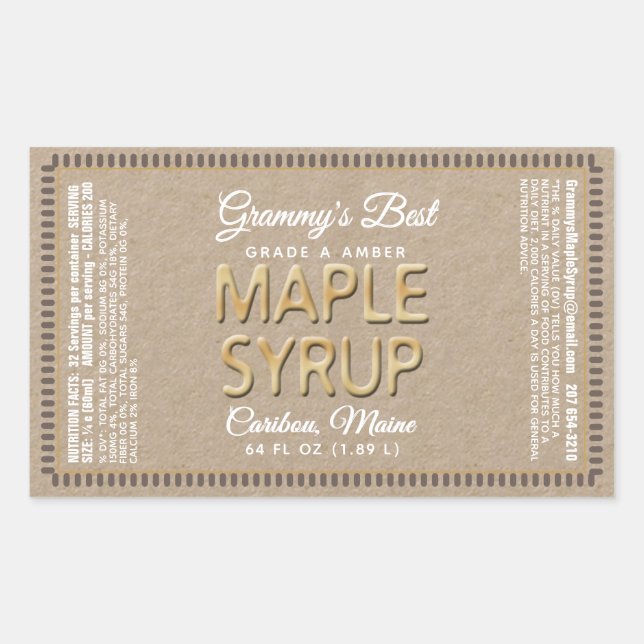Adesivo Retangular Retângulo de Xarope Kraft Maple com Fatos Nutricio (Frente)