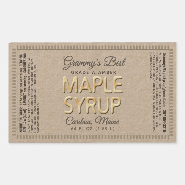 Adesivo Retangular Retângulo de Xarope Kraft Maple com Fatos Nutricio (Frente)
