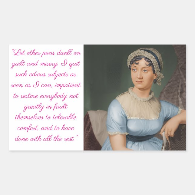 Adesivo Retangular retrato de Jane Austen mais citação (rosa) (Frente)