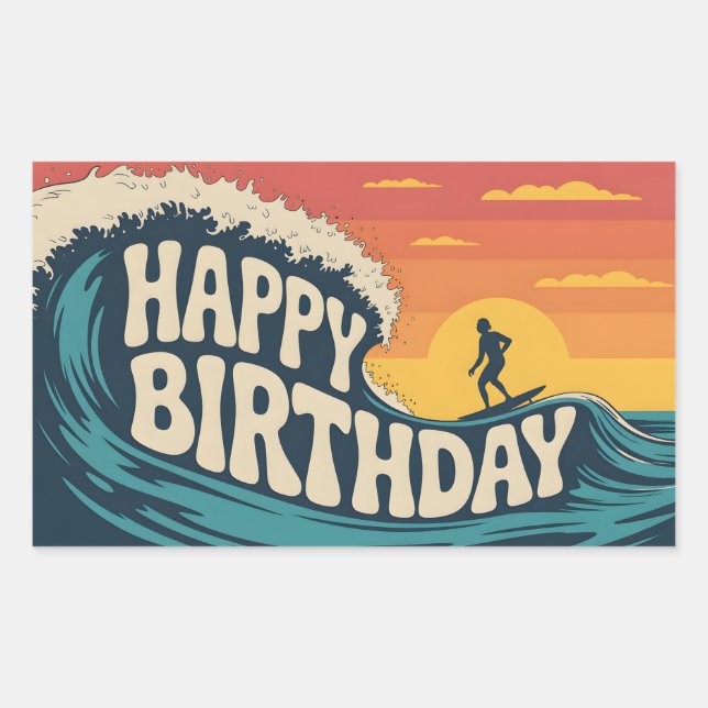 Adesivo Retangular Retro Surf Theme "Happy Birthday" Illustration (Frente)