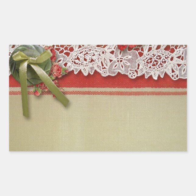 Adesivo Retangular Rosa Antiga Renda Rustico Vermelho Veludo Burlap (Frente)