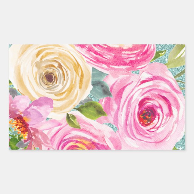 Adesivo Retangular Rosas em Aquarela em Rosa e Creme com Glitter Aqua (Frente)