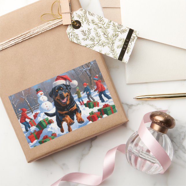 Adesivo Retangular Rottweiler Correndo na Neve com Chapéu de Natal (Presentear)
