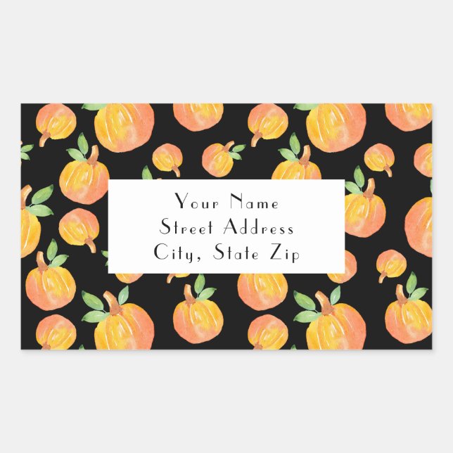 Adesivo Retangular Rotulagem de Pumpkin de Aquarela Padrão Preto (Frente)