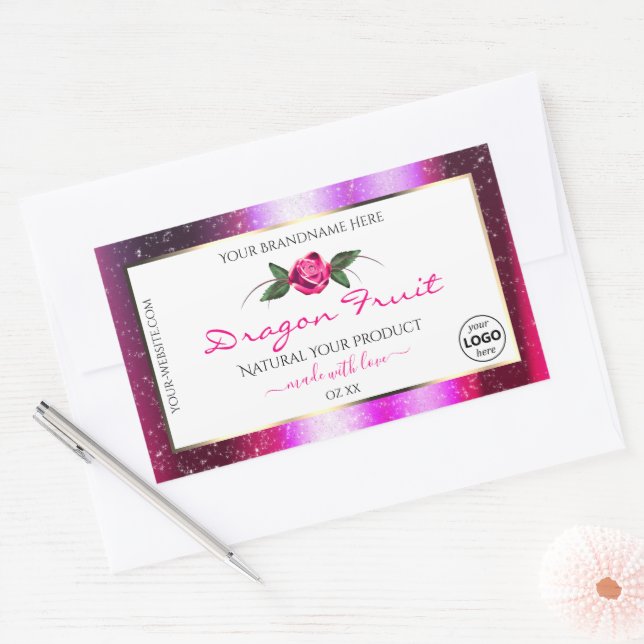 Adesivo Retangular Rotulagens brancas de produto com brilho roxa rosa (Envelope)